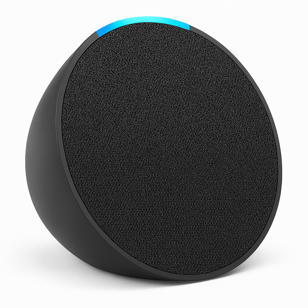 Altavoz inteligente Amazon Echo Pop en color negro, vista frontal lateral